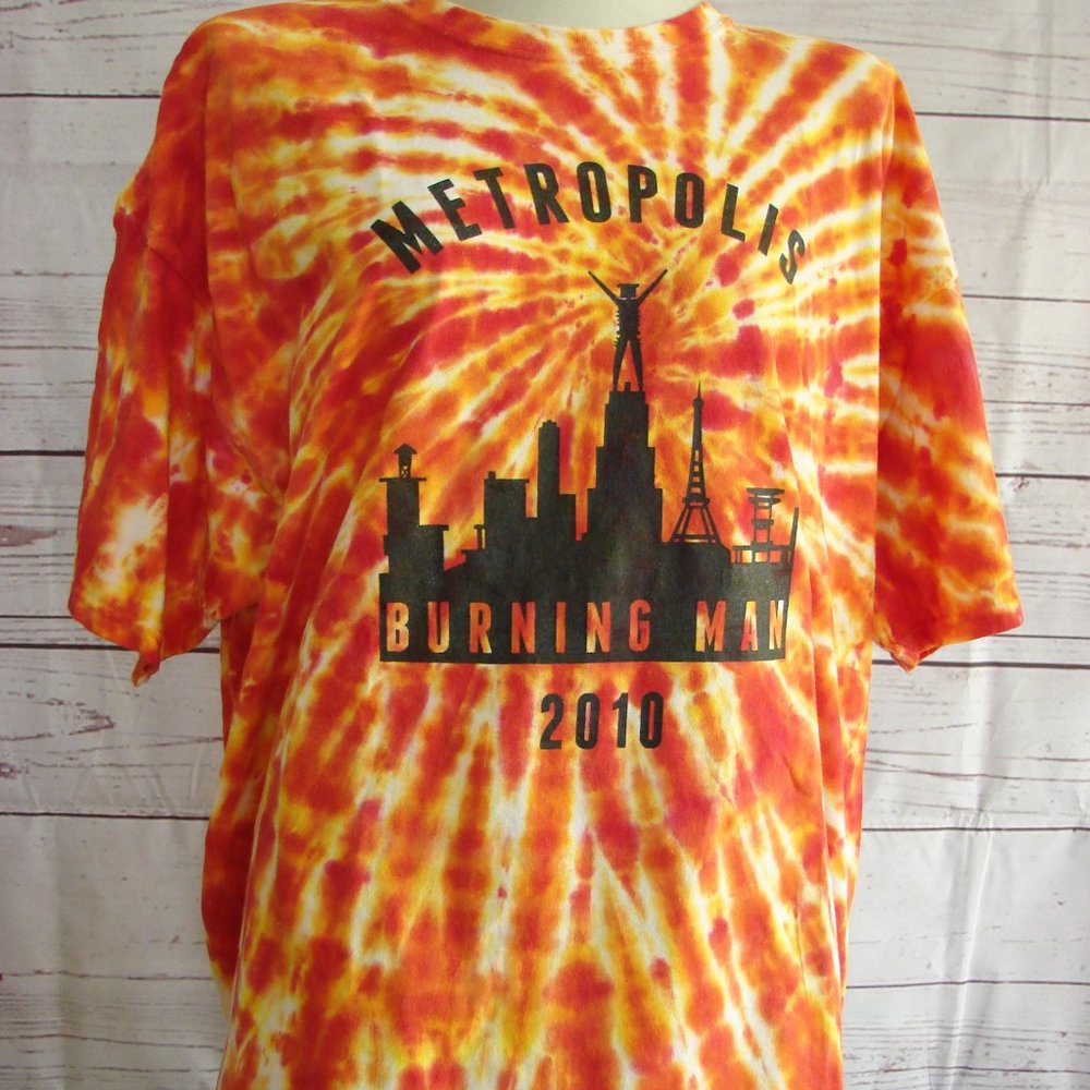 2010 Orange Tye Dye Metropolis Burning Man Tee 2X Festival Shirt Tye Dye Bright
